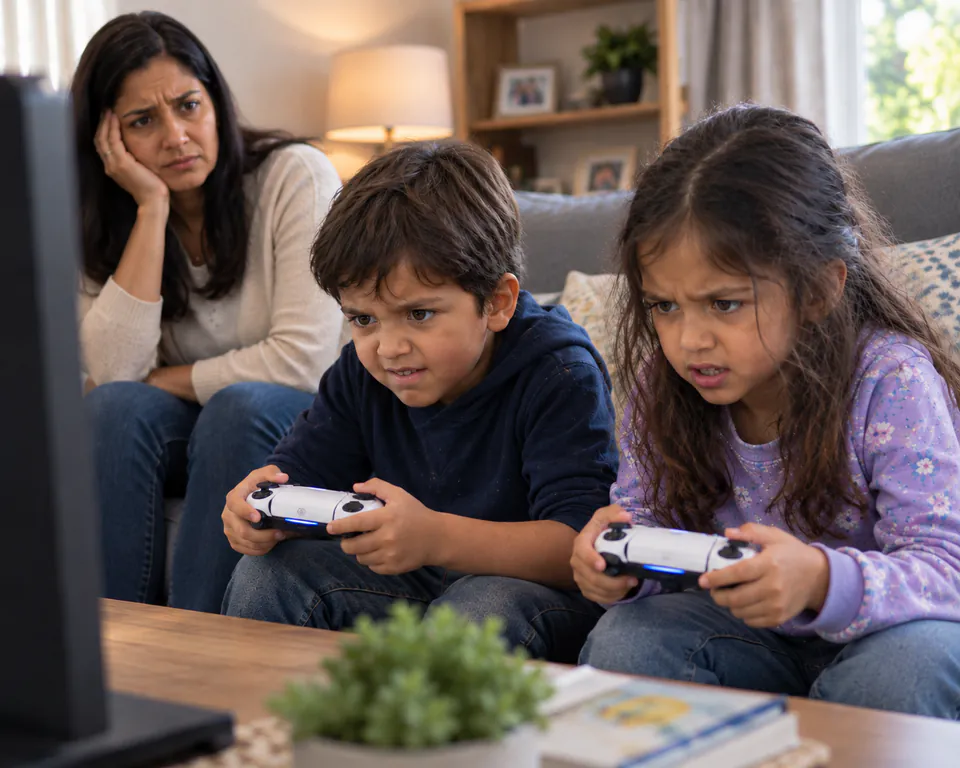 A worried mother, her head resting in her hand, watches her son and daughter frown in concentration as they play a video game with controllers.