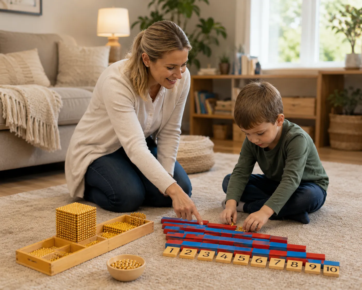 Young children working together on Montessori golden beads and Cuisenaire-style number rods on the floor with their teacher, focused on building concrete number sense.