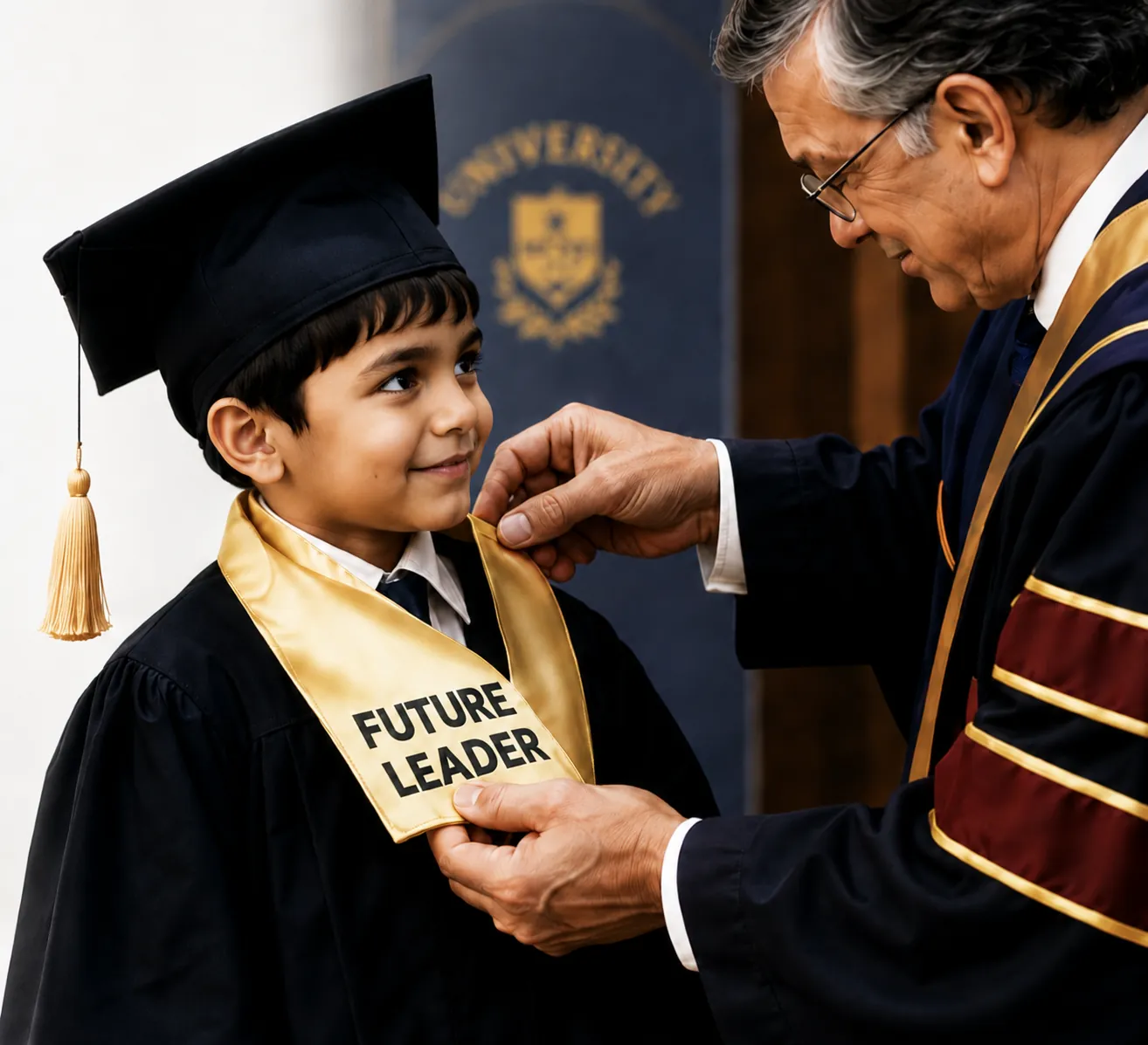 A young boy in a graduation cap and gown smiling as a university dean places a gold "Future Leader" sash over his shoulders.